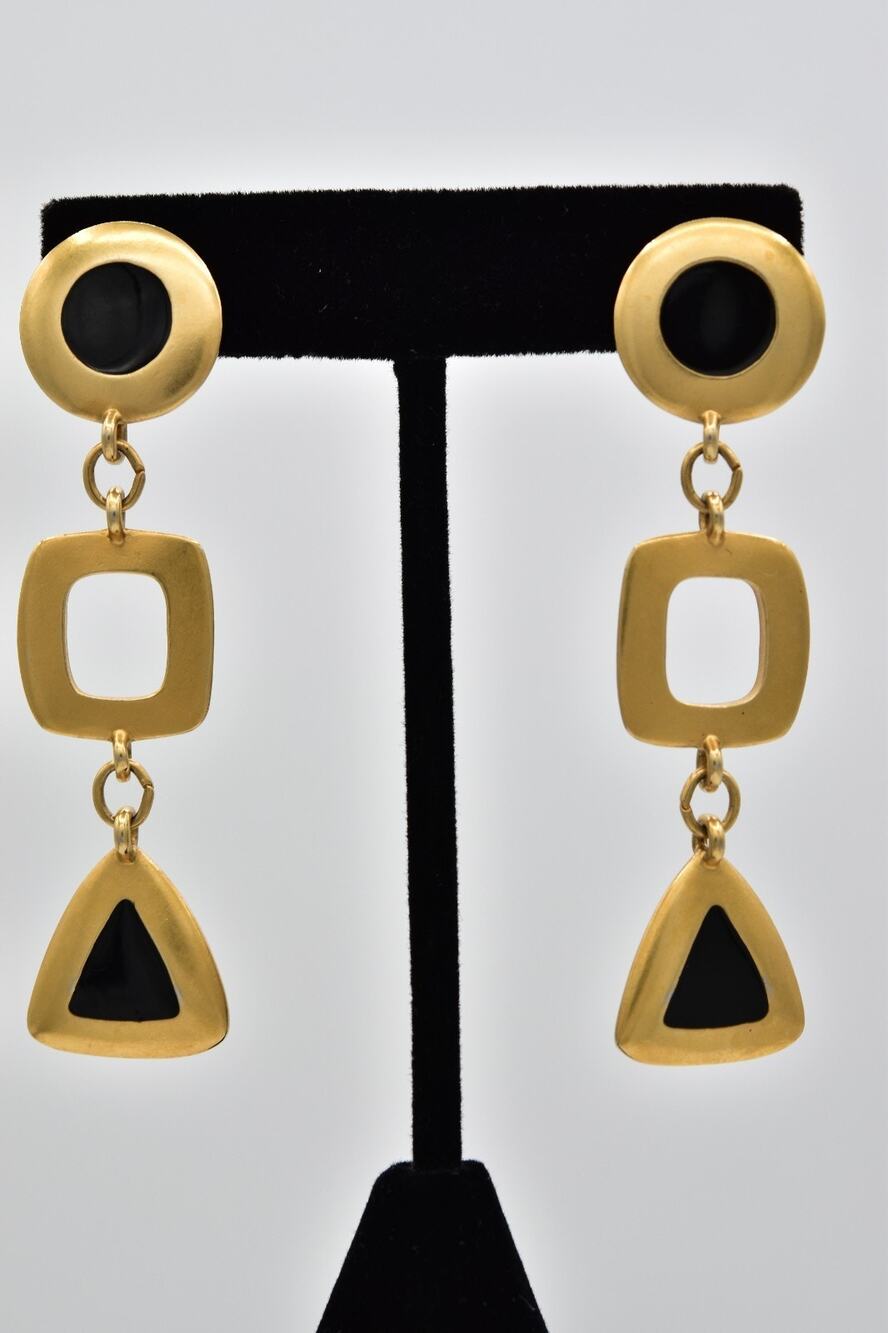 Vintage Avon Brushed Gold Black Enamel Geometric Dangle Modernist Earrings BinAZ